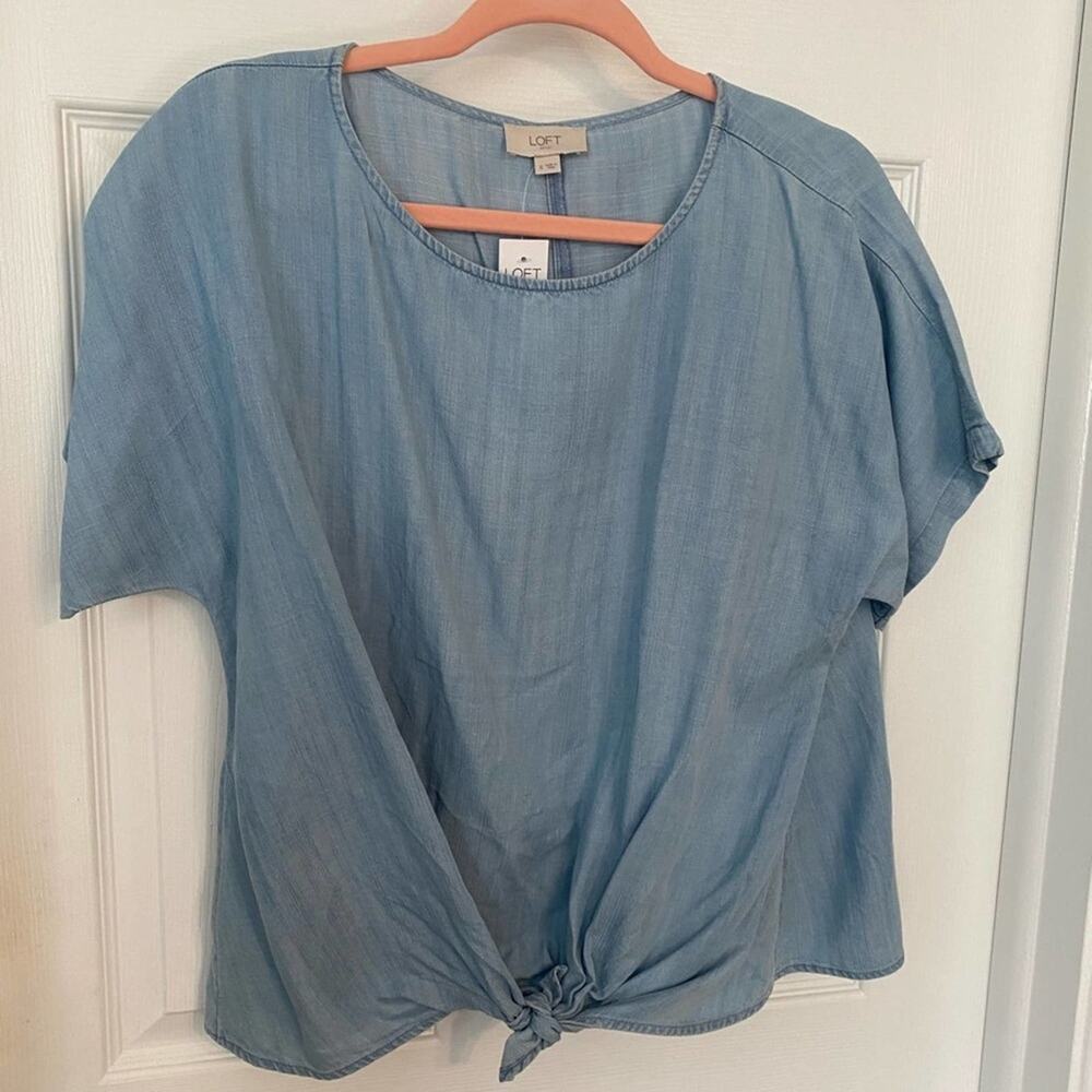 NWT LOFT Chambray Denim Tie Knot Front Top SZ S